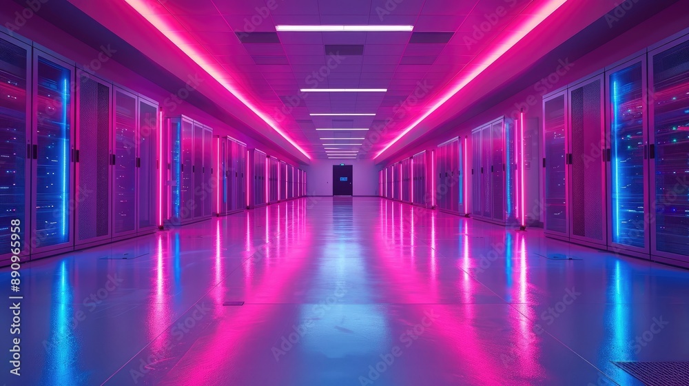 Modern data center corridor with glowing neon pink and blue lights emanating from server rooms, creating a futuristic ambience. Modern data center corridor with glowing neon pink and blue lights emanating from server rooms, creating a futuristic ambience.
