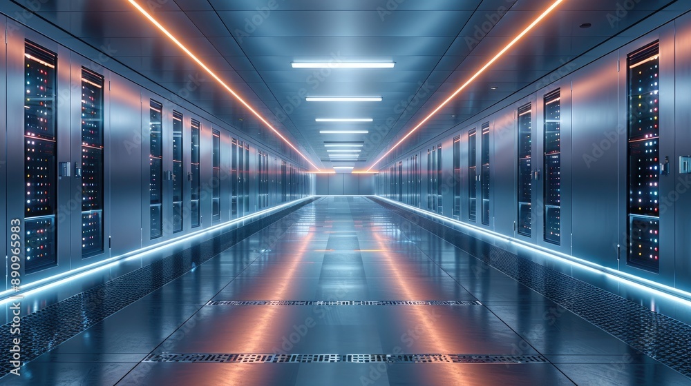 Modern data center with glowing blue and orange lights, showcasing rows of server racks for internet technology and cloud storage. Modern data center with glowing blue and orange lights, showcasing rows of server racks for internet technology and cloud storage.