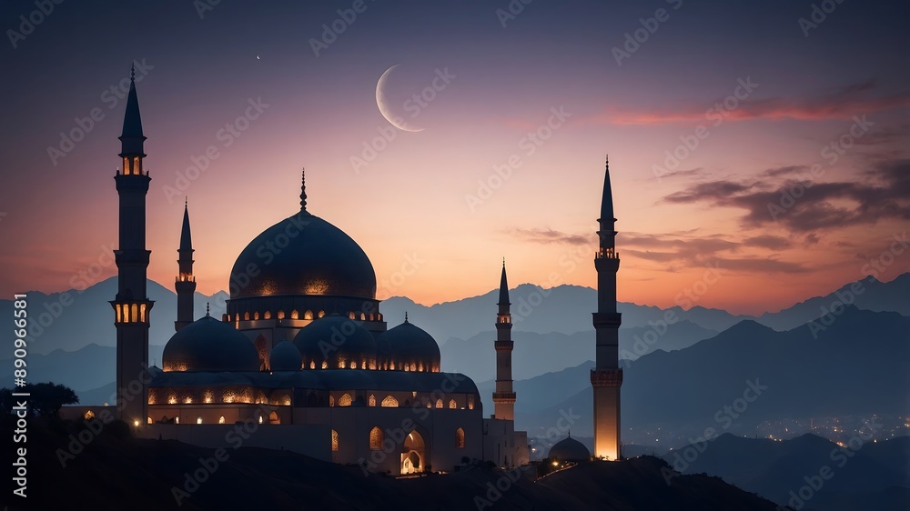 Obraz premium Silhouette Mosques on Dusk Sky twilight with Crescent moon over mountain Landscape, religion of Islamic and free space for text Ramadan Kareem, Eid Al Fitr, Eid Al Adha, Eid Mubarak, Muharram, Maulid