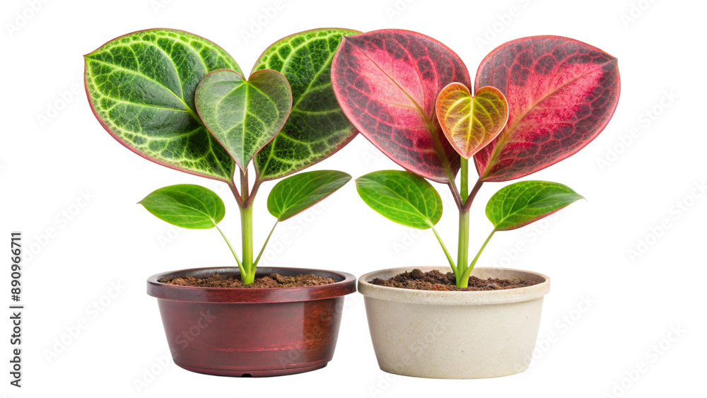 Obraz premium Two Heart-Shaped Philodendron Plants in Pots. Red and Green