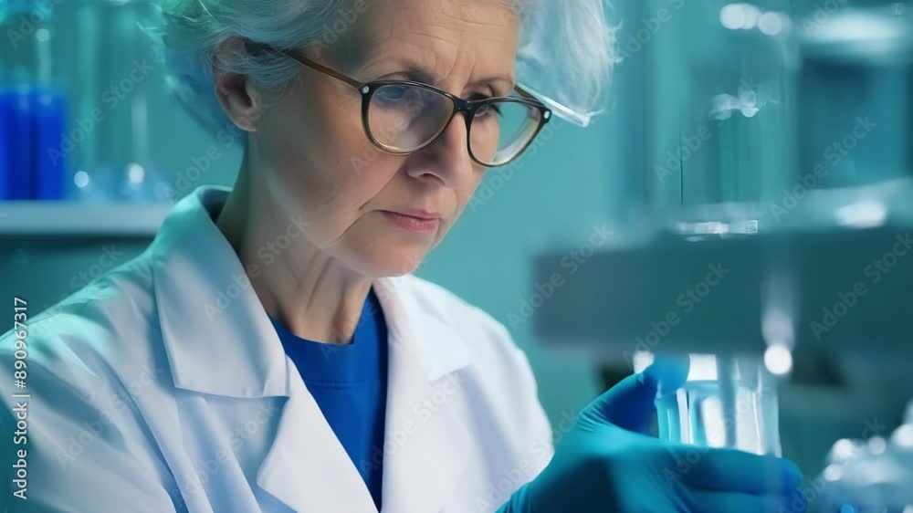 A focused silverhaired scientist conducting experiments in a laboratory.