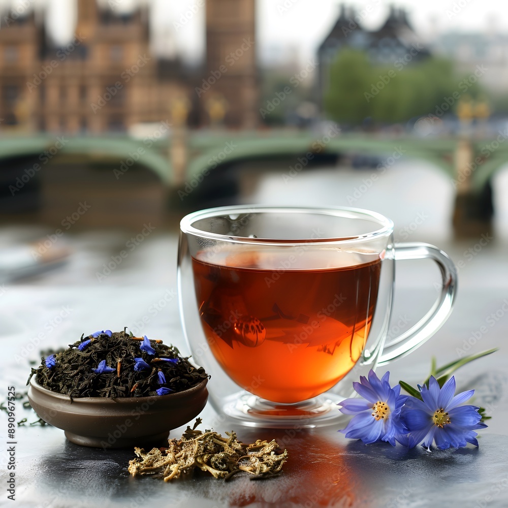 Fototapeta premium Glass Cup of Tea with Blue Flowers