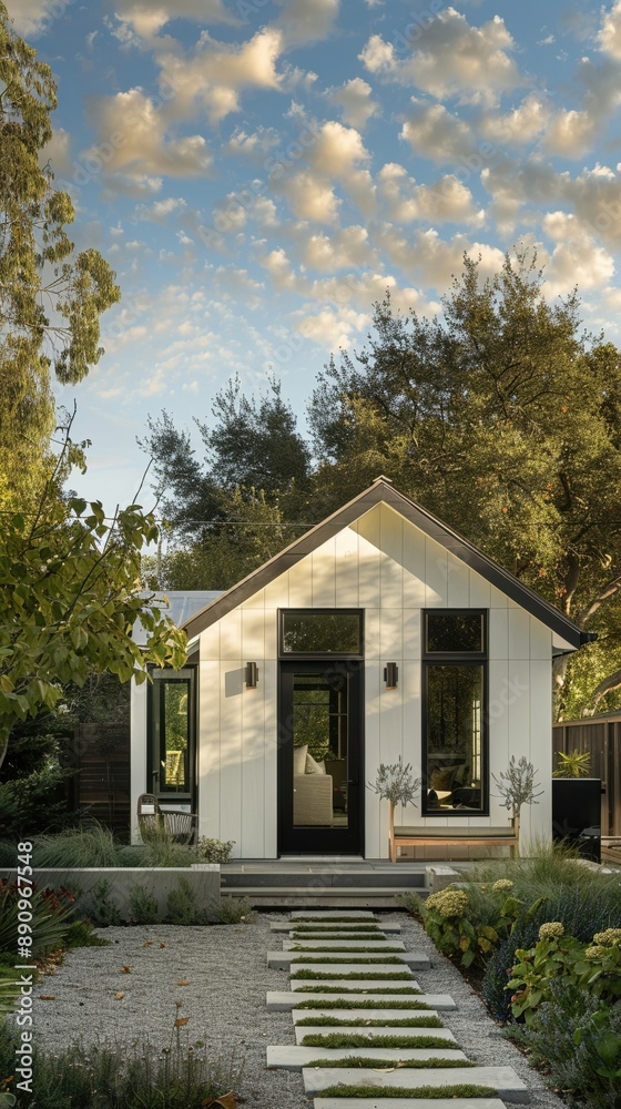 professional photo of a singlelevel ADU, modern farmhouse style architecture, frontal view elevation view, backyard in Marin County California. professional photo of a singlelevel ADU, modern farmhouse style architecture, frontal view elevation view, backyard in Marin County California.