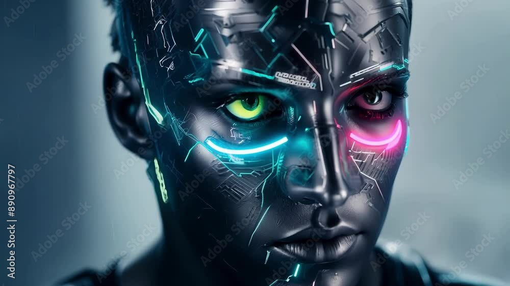 A stunning closeup of a models face completely transformed into a robotic cyborg with metallic silver skin and glowing neon accents. A stunning closeup of a models face completely transformed into a robotic cyborg with metallic silver skin and glowing neon accents.