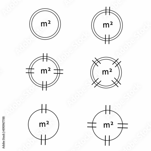 circle meter icon with black lines. m2 sign. measuring land area symbols.