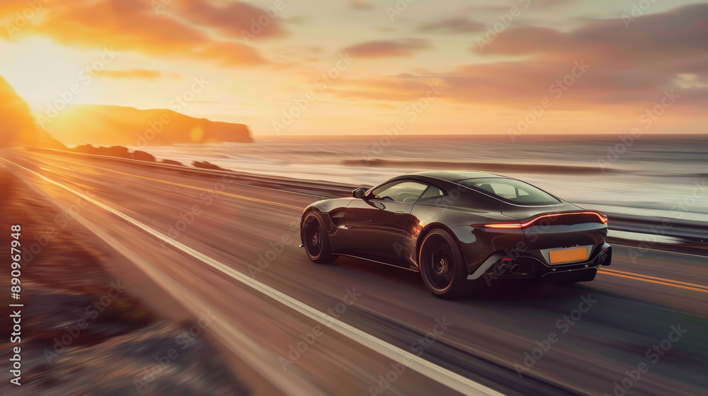 Sleek sports car speeding on a coastal highway at sunset Sleek sports car speeding on a coastal highway at sunset