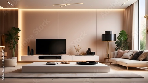 Modern minimalist living room interior design, aestehtic warm glow color theme home decor livingroom with cabinet TV space interior architecture design 