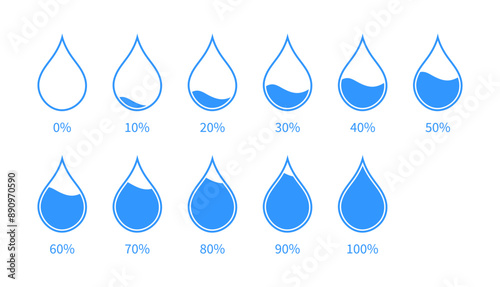 Water or liquids level percent icon set in blue color. Blue Water droplet level gradient chart Bars template. 10% to 100% percent number text. Water drops infographic elements. Flat Design. 
