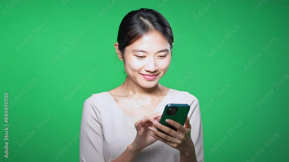 Smiling Woman Using Smartphone on green screen background with Ai generated.
Smiling Woman Using Smartphone on green screen background with Ai generated.