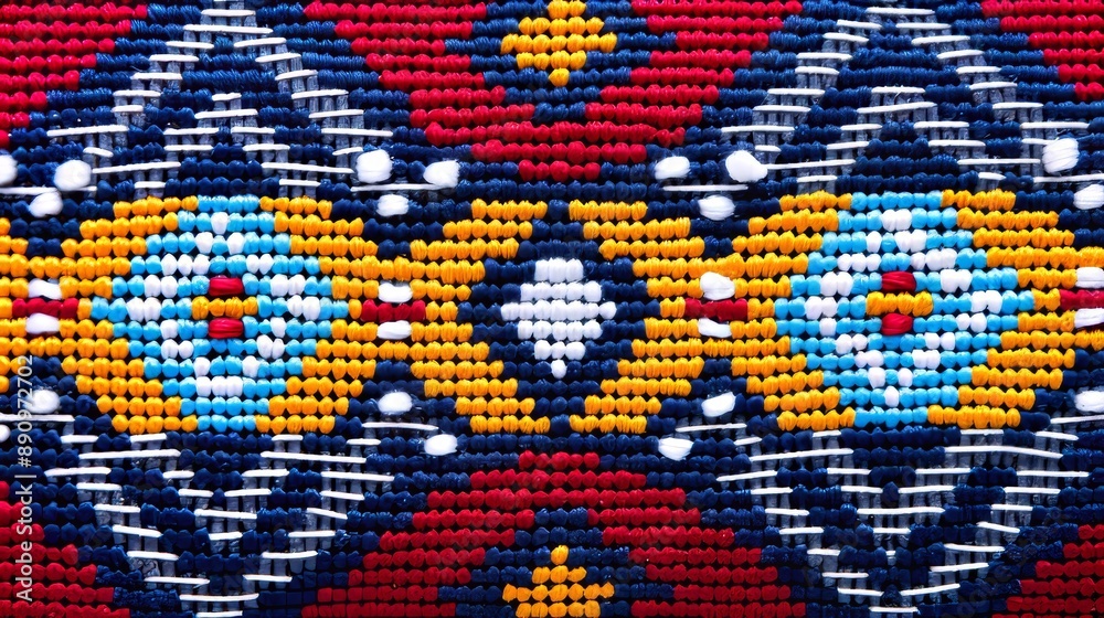Intricate ethnic geometric design in cross stitch, featuring repeating shapes in vibrant colors Intricate ethnic geometric design in cross stitch, featuring repeating shapes in vibrant colors