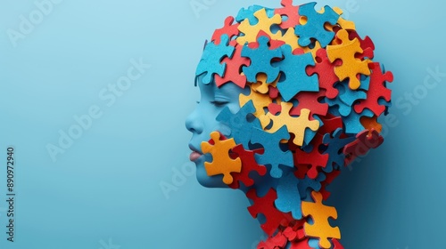 Colorful Puzzle Pieces for World Autism Awareness Day: A Young Child's Head on Light Blue Background