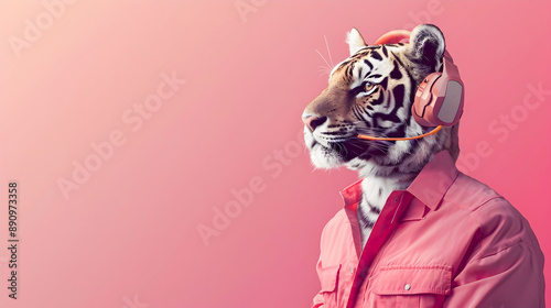 Unique and imaginative office concept featuring a tiger wearing a business suit and headset  working at a desk with technology and digital devices