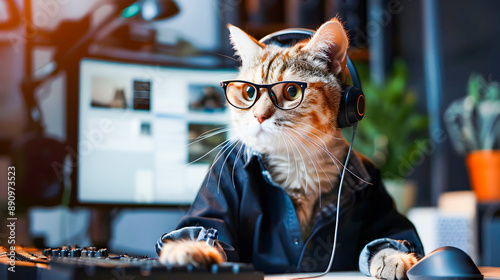 Feline Telecommuter Adorable cat wearing a call center uniform sitting at a desk and working on a computer with headphones on representing the concept of remote work productivity and tech savvy pets