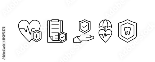 
A set of  line insurance icons such as health insurance, life insurance illustration, insurance coverage, dental insurance, isolated on white editable background.