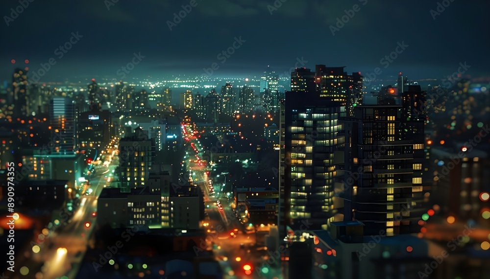 Obraz premium City night with building skyline and skyscraper