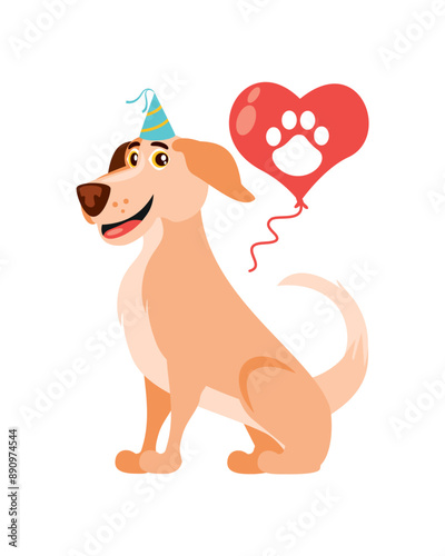 cartoon dog with party hat and balloon
