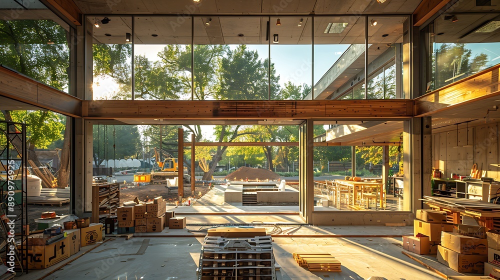 An innovative construction site with interior design elements, emphasizing home security and safety An innovative construction site with interior design elements, emphasizing home security and safety