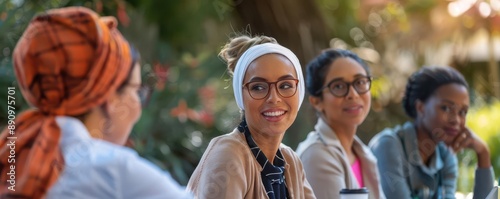 Community health workers hosting a wellness workshop, diverse group, outdoor setting, photorealistic, warm tones, inclusive atmosphere
