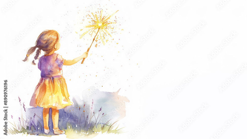 Fototapeta premium Colorful watercolor of a kid holding firework at new year celebration festival