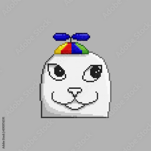 White cat wearing a childish hat, pixel art meme