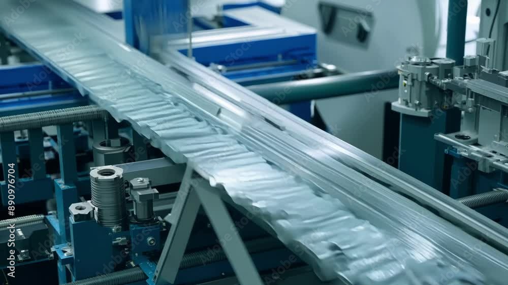 Complex machinery rotates and shifts as it creates continuous ribbons of battery material which will later be and formed into individual cells.