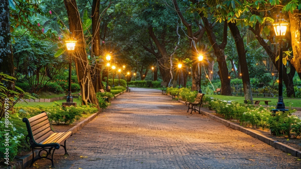 Obraz premium Serene pathway through a tranquil park with benches and soft lighting