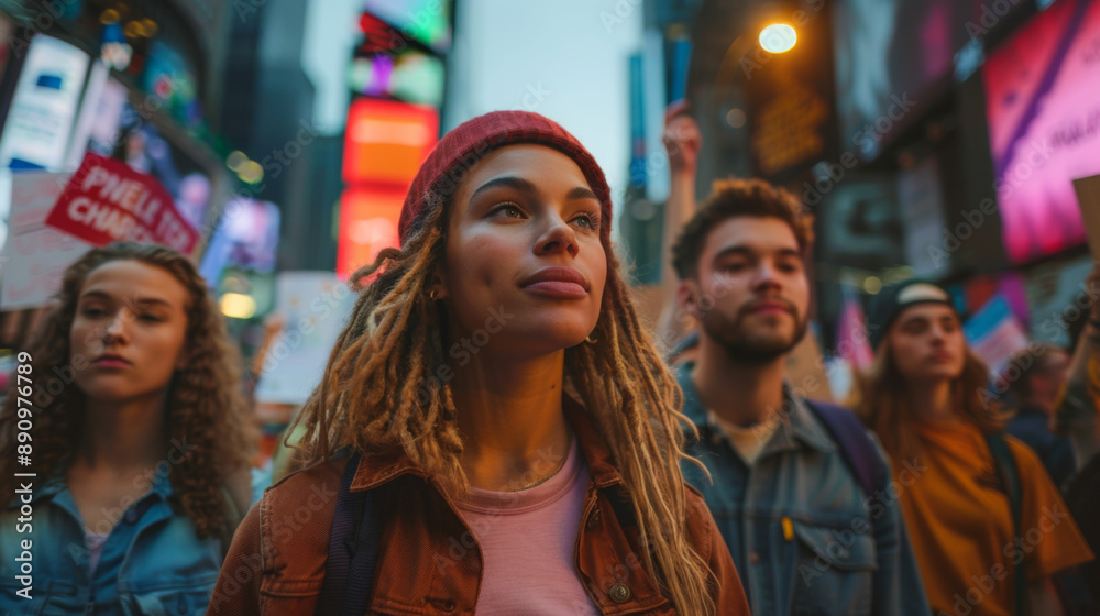 Diverse group of young people protesting in a bustling city area, highlighting activism and unity. Diverse group of young people protesting in a bustling city area, highlighting activism and unity.