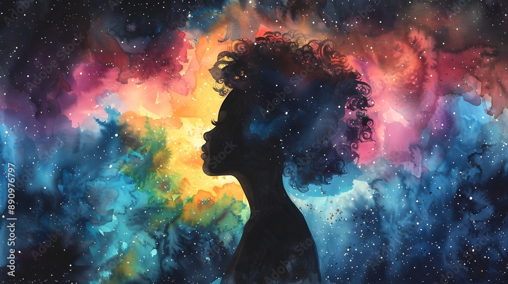 Woman Silhouette in Cosmic Watercolor. Woman Silhouette in Cosmic Watercolor.