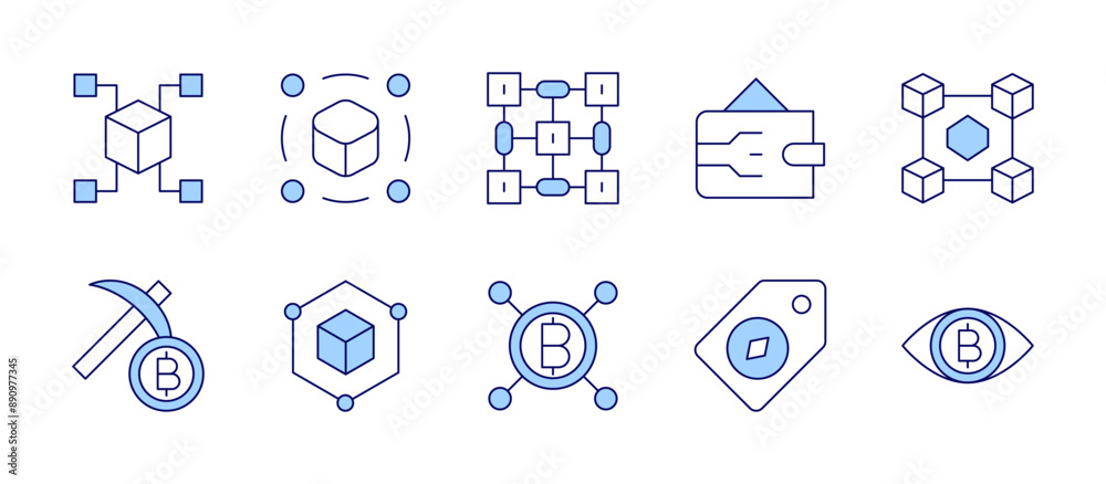 Blockchain icons. Duotone style, editable stroke, vector illustration. blockchain, bitcoin, eye, nft, mining, digital wallet, price. Blockchain icons. Duotone style, editable stroke, vector illustration. blockchain, bitcoin, eye, nft, mining, digital wallet, price.
