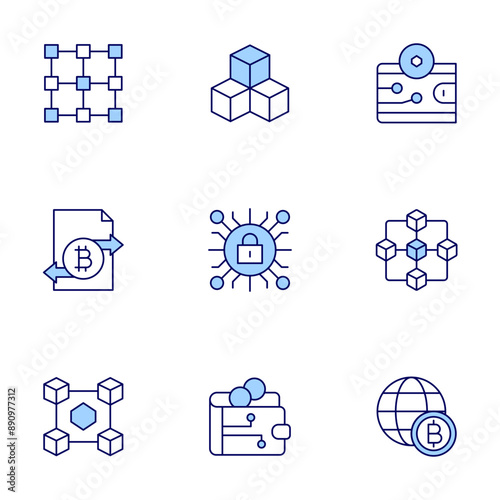 Blockchain icons set. Line icons, doutone style, editable stroke, vector illustration. wallet, blockchain, nft, cryptography, digital wallet, world, transaction.