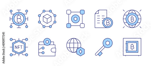 Blockchain icons. Duotone style, editable stroke, vector illustration. blockchain, safe, bitcoin, cryptocurrency, digital wallet, world, nft, key, seed phrase.