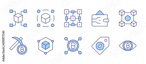 Blockchain icons. Duotone style, editable stroke, vector illustration. blockchain, bitcoin, eye, nft, mining, digital wallet, price.