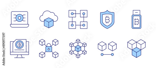 Blockchain icons. Duotone style, editable stroke, vector illustration. nft, laptop, blockchain, lock, bitcoin, pen drive, cloud computing.