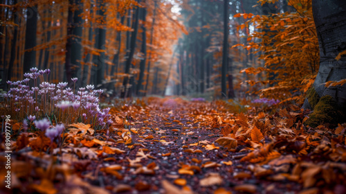 Beautiful autumn scene featuring a forest path covered in fallen leaves and flanked by colorful trees and wildflowers. © khonkangrua