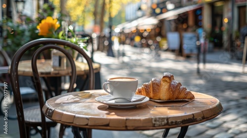 Fototapeta Naklejka Na Ścianę i Meble -  Sidewalk cafe table with a cappuccino and a croissant in a European city