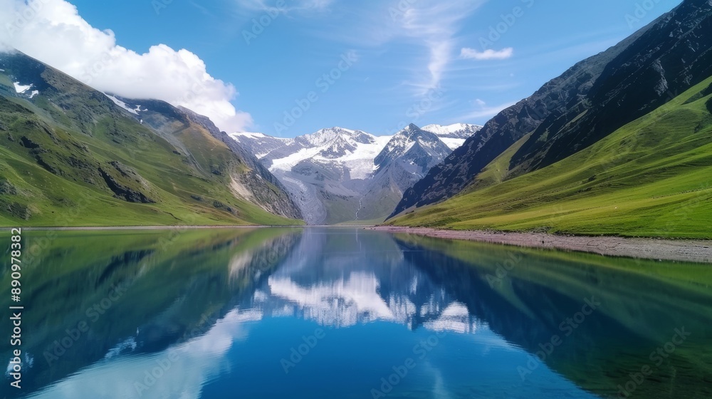 Majestic mountains with a pristine lake at their base, emphasizing the tranquility and grandeur of the natural environment Majestic mountains with a pristine lake at their base, emphasizing the tranquility and grandeur of the natural environment