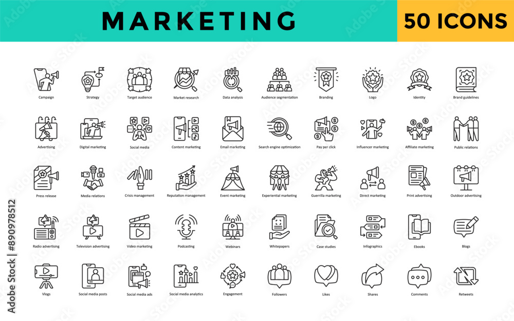 Marketing icon set with campaign, strategy, target audience, market research, data analysis, audience segmentation, branding, logo, identity, brand guidelines icon. Simple line vector Marketing icon set with campaign, strategy, target audience, market research, data analysis, audience segmentation, branding, logo, identity, brand guidelines icon. Simple line vector