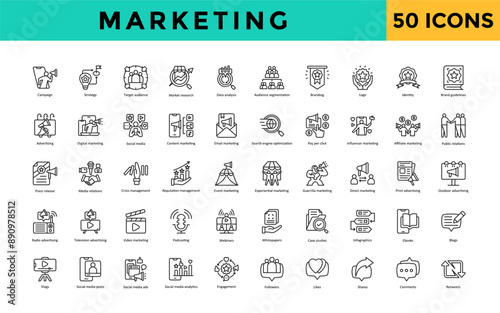 Marketing icon set with campaign, strategy, target audience, market research, data analysis, audience segmentation, branding, logo, identity, brand guidelines icon. Simple line vector 