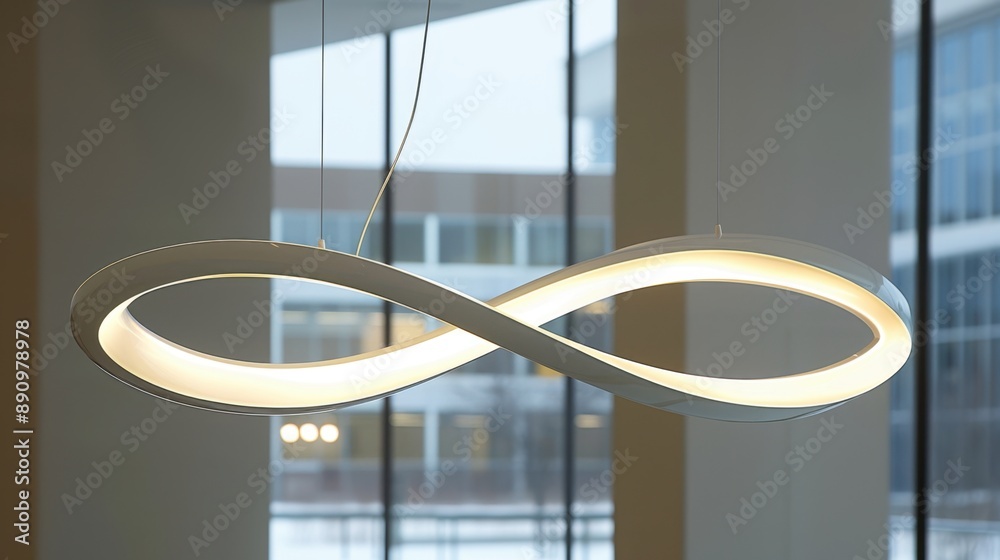 Fototapeta premium Modern infinity-shaped LED pendant light fixture hanging in a contemporary office interior with large windows and natural light.