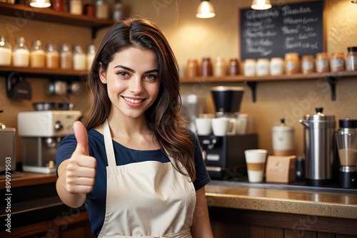 Happy cheerful barista in cafe, thumbs up approval, positive good rating