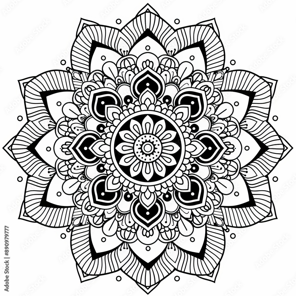 Intricate black line mandala with starburst patterns and concentric circles on white Intricate black line mandala with starburst patterns and concentric circles on white