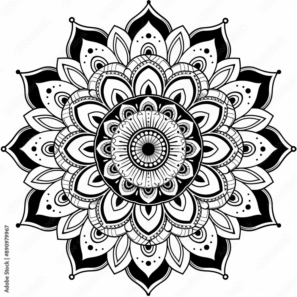Black line mandala with symmetrical floral motifs and fine details on white Black line mandala with symmetrical floral motifs and fine details on white