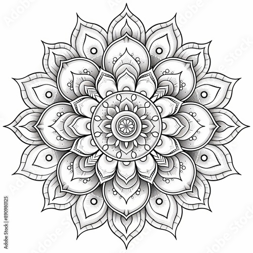 Black line mandala with symmetrical floral motifs and fine details on white