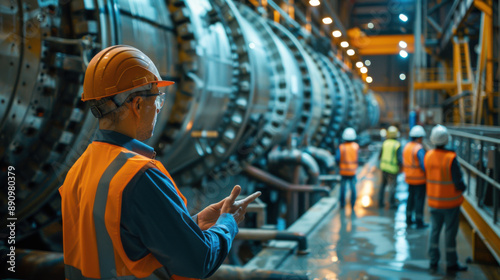 Workers in safety gear inspecting large machinery in an industrial plant, emphasizing teamwork, safety, and industrial processes.