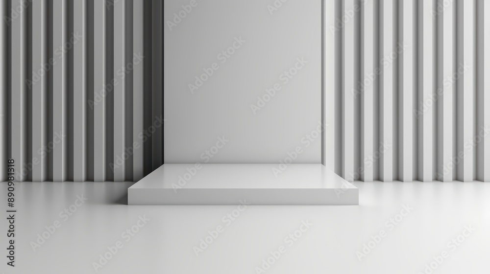 Fototapeta premium Minimalistic White Podium with Vertical Striped Background in Modern Studio Setting