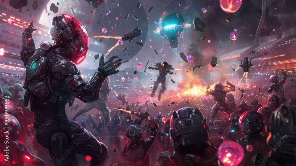 Fototapeta premium An intergalactic gladiatorial arena where alien champions duel in armored exosuits amidst cheering crowds and floating debris.
