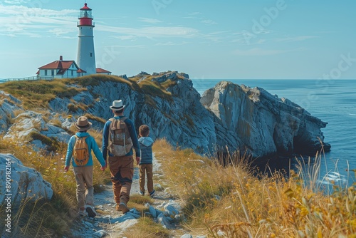 Family Hiking on Coastal Trail Near Lighthouse on Sunny Day photo