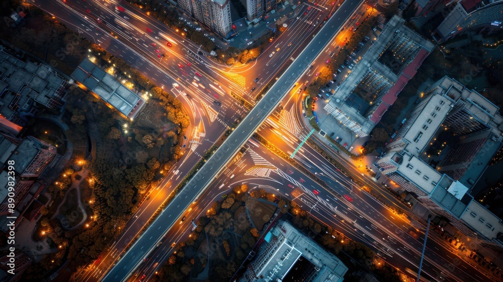 Cinematic top view of a complex road junction at dusk in autumn, with golden and red leaves scattered on the ground, and all roads brightly lit, creating a mesmerizing pattern Cinematic top view of a complex road junction at dusk in autumn, with golden and red leaves scattered on the ground, and all roads brightly lit, creating a mesmerizing pattern