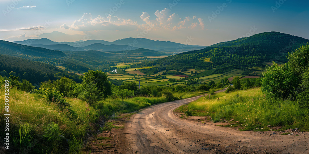 Scenic Countryside Road Leading Through Rolling Hills and Forest Scenic Countryside Road Leading Through Rolling Hills and Forest