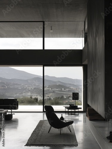 a minimalist architectural desinged home using black as the main colour, lots of glass, lots of views, lots of sunshine, Photography, Photoshoot, stunning, interior design  photo